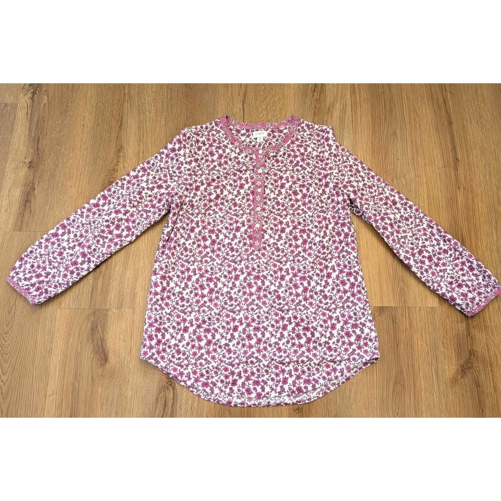 J‎ Crew Popover Pink Purple Floral Blouse Cotton Size M Tunic Top Preppy Boho